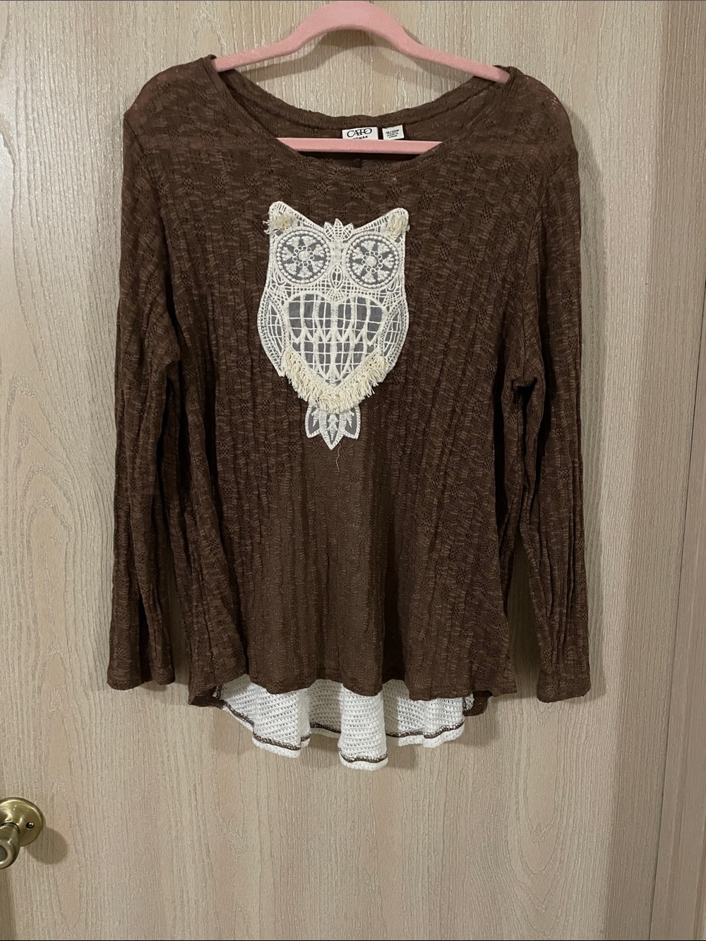 Cato Brown Long Sleeve Top with Cream Owl Appliqué and Layered Hem